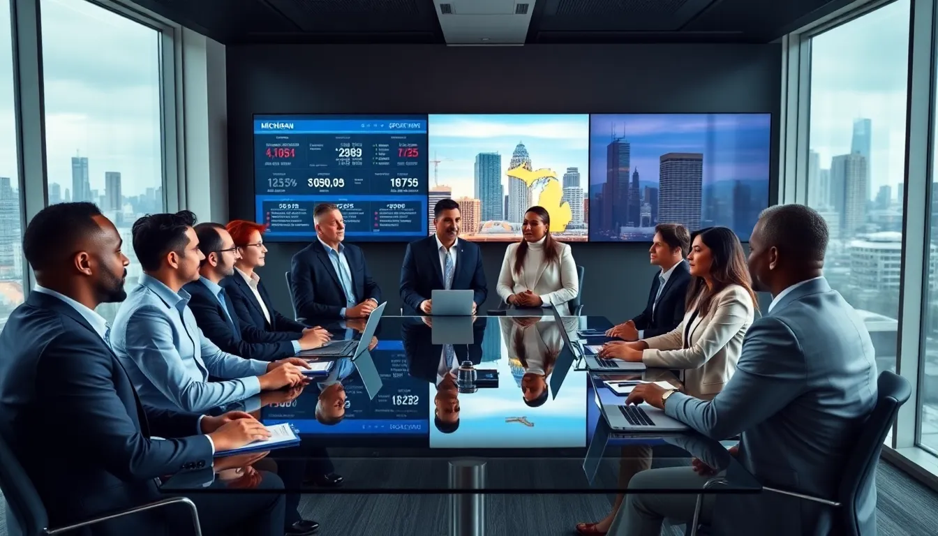 professionals discussing sports betting in a modern conference room.