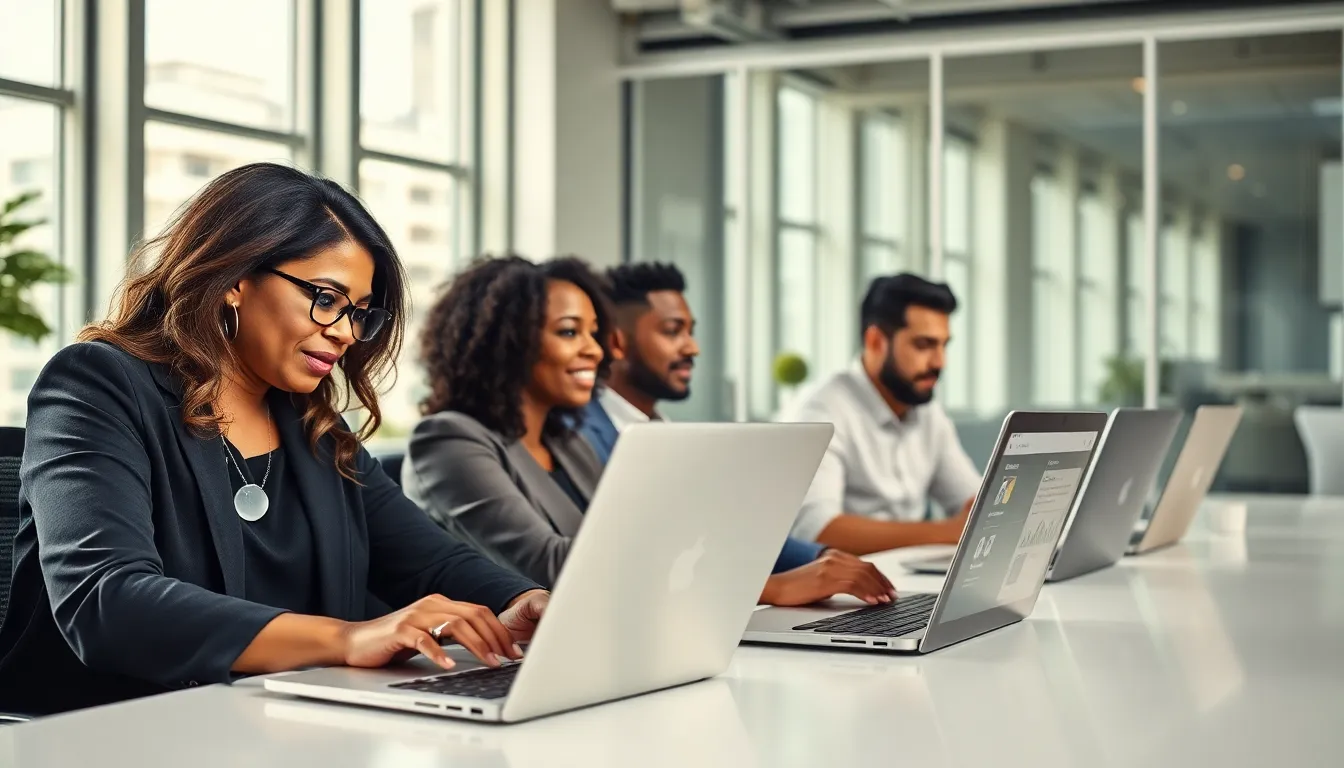 diverse professionals using AOL.com on modern laptops in an office.