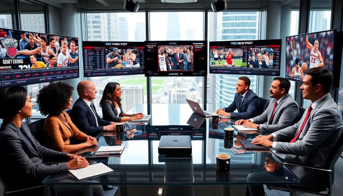 diverse team collaborating in a modern newsroom on sports coverage.
