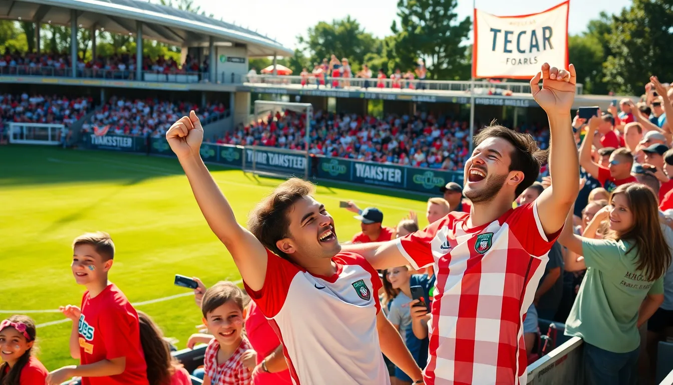 fans cheering at a local soccer match in a community setting.