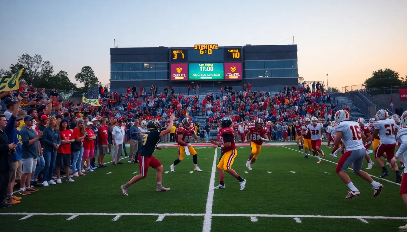 high school football game scene with enthusiastic fans and players.